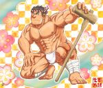  1boy abs bandages bara black_hair body_hair bunta_ru chest_hair facial_hair full_body fundoshi highres houzouin_oniwaka japanese_clothes large_pectorals long_sideburns looking_at_viewer male_focus manly muscular muscular_male pectorals revealing_clothes scar_on_forehead sideburns simple_background solo stubble thick_eyebrows tokyo_houkago_summoners white_male_underwear 