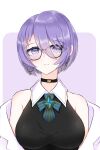  1girl alternate_hair_length alternate_hairstyle bespectacled black_choker blush breasts choker glasses head_tilt highres hololive hololive_indonesia jacket large_breasts looking_at_viewer lynn121 moona_hoshinova off_shoulder purple_eyes short_hair solo upper_body virtual_youtuber white_jacket 