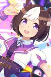  1girl :d animal_ears arm_up bangs blurry blurry_background blush bow braid brown_hair collared_shirt commentary confetti dutch_angle ear_bow eyebrows_visible_through_hair happy highres horse_ears ixia_(ixia424) jacket looking_at_viewer multicolored_hair neck_ribbon open_mouth puffy_short_sleeves puffy_sleeves purple_bow purple_eyes purple_neckwear purple_ribbon purple_vest ribbon shirt short_hair short_sleeves smile solo special_week_(umamusume) two-tone_hair umamusume upper_body upper_teeth vest waving white_hair white_jacket white_shirt wristband 
