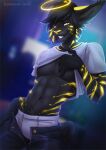  2021 abs anthro black_body black_fur black_hair clothing digital_media_(artwork) felid feline fur hair kammi-lu male mammal navel smile solo underwear yellow_eyes yellow_nose 