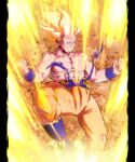  1boy abs absurdres aqua_eyes artist_name aura blonde_hair blue_footwear boots clenched_hands clenched_teeth commentary debris dragon_ball dragon_ball_z feet_out_of_frame highres large_pectorals male_focus muscular muscular_male nipples orange_pants pants pectorals phil_vzq sash shirtless solo son_goku spiked_hair super_saiyan teeth torn_clothes torn_pants wristband 