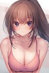  1girl :3 amane_ruri bangs bare_shoulders blush breasts brown_background brown_hair cleavage closed_mouth collarbone commentary_request eyebrows_visible_through_hair gradient gradient_background grey_background hair_between_eyes high_ponytail highres large_breasts light_particles long_hair looking_at_viewer mole mole_on_breast original pink_sports_bra ponytail purple_eyes sidelocks skindentation smile solo sports_bra sweat upper_body white_background 