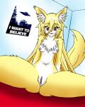  anthro blonde_hair blush butt canid canine canis chest_tuft dandruff english_text female fox genitals gloves_(marking) hair hi_res inner_ear_fluff looking_at_viewer mammal markings navel nikku_lunatique nipples nude open_mouth ouko poster presenting presenting_pussy purple_eyes pussy solo spread_legs spreading text the_x-files tuft yellow_body 