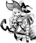  1girl azur_lane bow bowtie broom broom_riding candle crossed_legs erebus_(wardrobe_witchery)_(azur_lane) greyscale hat high_heels highres hori_(hori_no_su) long_hair monochrome pointy_ears solo striped striped_legwear transparent_background witch_hat 
