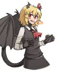  1girl ascot black_skirt blonde_hair blouse bow bowtie breasts cravat darkness dragon_girl dragon_horns dragon_tail dragon_wings dress_shirt druma fangs floating hair_bow hair_ribbon highres horns long_sleeves looking_at_viewer mata_(matasoup) necktie outstretched_arms red_bow red_eyes red_neckwear red_ribbon ribbon rumia scales shirt short_hair skirt skirt_set small_breasts smile spread_arms tail touhou vest waving_arm white_blouse white_shirt wing_collar wings 