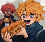  2boys artist_name blonde_hair blue_eyes blue_nails charley_(ms_pigtails) cheese dark_skin dark_skinned_male eyebrows_visible_through_hair food heart heart-shaped_pupils highres holding holding_food lettuce male_focus meat ms_pigtails multiple_boys open_mouth original otoko_no_ko pink_hair sandwich sergey_(ms_pigtails) short_hair symbol-shaped_pupils tomato upper_body 
