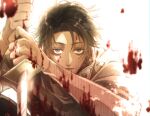  1boy bangs black_eyes black_hair blood blood_on_face blood_splatter bloody_hands closed_mouth high_collar holding holding_sword holding_weapon jacket jujutsu_kaisen katana kino_@_choyogenki18a_(kagi_f) looking_at_viewer male_focus okkotsu_yuuta school_uniform short_hair simple_background solo sword upper_body weapon white_background white_jacket 