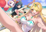  2girls alternate_costume bangs bare_shoulders beach bikini black_bikini black_swimsuit blonde_hair blue_eyes blue_hair blue_sky breasts byleth_(fire_emblem) byleth_(fire_emblem)_(female) chest_jewel cleavage closed_mouth cloud day eyebrows_visible_through_hair fire_emblem fire_emblem:_three_houses fire_emblem_heroes gem headpiece highres holding holding_weapon katwo kirby kirby_(series) large_breasts legs long_hair multiple_girls mythra_(xenoblade) ocean one-piece_swimsuit open_mouth outdoors parted_bangs sky smile super_smash_bros. swimsuit sword sword_of_the_creator weapon white_swimsuit xenoblade_chronicles_(series) xenoblade_chronicles_2 yellow_eyes 