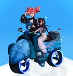  2boys aqua_background artist_name black_hair ear_piercing earrings grey_pants ground_vehicle hand_up helmet highres holding holding_helmet ichiro_(ms_pigtails) jewelry long_hair long_sleeves male_focus motor_vehicle motorcycle ms_pigtails multiple_boys open_mouth original otoko_no_ko pants piercing ponytail red_hair reflection roland_(ms_pigtails) sitting smile wide_shot 
