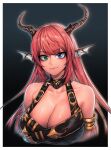  1girl animal_ears armband armpits bare_shoulders beltbra blue_eyes breasts cain_(gunnermul) chaos_(dungeon_and_fighter) cleavage collarbone dungeon_and_fighter eyebrows_visible_through_hair green_eyes heterochromia highres horns knight_(dungeon_and_fighter) large_breasts long_hair looking_at_viewer pink_hair solo 