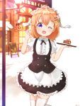  1girl absurdres cake cake_slice eyebrows_visible_through_hair fleur_de_lapin_uniform food gochuumon_wa_usagi_desu_ka? hair_ornament hairclip highres hoto_cocoa looking_at_viewer one_eye_closed orange_hair painter-lhb purple_eyes short_hair smile 