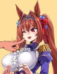  1girl animal_ears asanagi blush bow breasts daiwa_scarlet_(umamusume) epaulettes fang hair_between_eyes hair_bow highres horse_ears horse_girl large_breasts long_hair one_eye_closed open_mouth red_bow red_eyes red_hair simple_background solo_focus tiara twintails umamusume upper_body yellow_background 