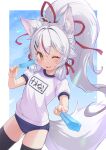  alternate_hairstyle animal_ears black_legwear blush buruma commentary_request food fox_ears fox_tail gym_uniform hair_between_eyes hair_ornament hairclip indie_virtual_youtuber jigatei_(omijin) kamiko_kana long_hair one_eye_closed ponytail popsicle silver_hair tail thighhighs tongue tongue_out virtual_youtuber 