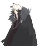  1boy absurdres animal_ears arknights black_cloak black_jacket cloak closed_mouth eyebrows_visible_through_hair ff_frbb122 fur-trimmed_cloak fur_trim grey_eyes highres jacket long_hair looking_at_viewer silver_hair silverash_(arknights) solo standing white_background 