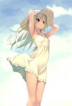  1girl :o armpits arms_up bangs bare_arms bare_shoulders blue_sky breasts cloud cloudy_sky commentary_request day dress eyebrows_visible_through_hair frilled_dress frills grey_eyes grey_hair hair_between_eyes hand_on_headwear hat koutaro long_hair looking_away original outdoors parted_lips sky sleeveless sleeveless_dress small_breasts solo sun_hat sundress very_long_hair white_dress white_headwear 