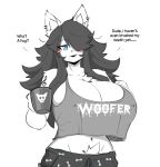  anthro big_breasts black_hair blue_eyes blush breasts canid canine canis clothed clothing cup dialogue female fur hair hi_res huge_breasts hyper hyper_breasts maggie_applebee mammal nipple_outline open_mouth open_smile simple_background smile solo teeth theycallhimcake white_background white_body white_fur 