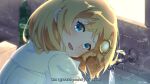  1girl bangs blonde_hair blue_eyes blush english_text eyebrows_visible_through_hair faucet hair_ornament highres hololive hololive_english jl_tan long_sleeves looking_at_viewer monocle_hair_ornament open_mouth shirt sink sky smile solo virtual_youtuber water watson_amelia white_shirt 