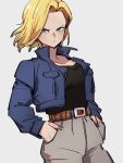  1girl android_18 belt black_shirt blonde_hair blue_eyes blue_jacket cosplay dragon_ball dragon_ball_z grey_background grey_pants hands_on_penis jacket kemachiku looking_at_viewer pants shirt short_hair simple_background solo trunks_(future)_(dragon_ball) trunks_(future)_(dragon_ball)_(cosplay) 