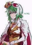  1girl absurdres blurry cape character_name commentary crown depth_of_field fur-trimmed_cape fur_trim gomiyama green_eyes green_hair gumi half-closed_eyes highres king_(vocaloid) light_smile looking_at_viewer orange_vest red_cape shirt short_hair sidelocks sideways_glance sketch smirk solo upper_body vest vocaloid white_background wrist_cuffs yellow_shirt 