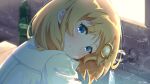  1girl bangs blonde_hair blue_eyes blush commentary_request english_text eyebrows_visible_through_hair faucet hair_ornament highres hololive hololive_english jl_tan long_sleeves looking_at_viewer monocle_hair_ornament shirt sink sky smile solo virtual_youtuber water watson_amelia white_shirt 