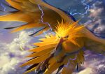 absurdres bird closed_mouth cloud commentary_request day electricity feathered_wings feathers gen_1_pokemon highres huge_filesize legendary_pokemon looking_to_the_side no_humans outdoors pokemon pokemon_(creature) sky solo talons teru_sakura wings zapdos 