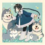  1girl aqua_flower black_hair black_legwear blush boots bow braid bug butterfly closed_eyes dog flower grey_footwear hair_bow holding_hoop insect keishin long_hair long_sleeves open_mouth original smile solo standing very_long_hair white_bow white_flower wide_shot 