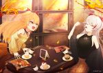  2girls admiral_hipper_(azur_lane) alternate_costume autumn autumn_leaves azur_lane black_choker black_shirt blonde_hair breasts cake cake_slice casual choker closed_eyes coffee cupcake detached_sleeves eating food green_eyes highres iron_cross jewelry kanikama0120 large_breasts long_hair multicolored_hair multiple_girls necklace open_mouth orange_skirt outdoors plaid plaid_skirt prinz_eugen_(azur_lane) red_hair ribbed_sweater shawl shirt silver_hair skirt sleeveless sleeveless_shirt streaked_hair sweater two-tone_hair 