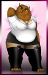  absurd_res anthro big_breasts bottomwear breasts clothing emma_withers female green_eyes hand_behind_head hi_res legwear lovemummification mammal overweight pantyhose skirt solo stockings stocky thick_thighs tights top_(disambiguation) ursid 