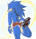  anthro bottomwear bracelet butt clothed clothing feet footwear jewelry looking_at_viewer looking_back male muscular muscular_anthro muscular_male rear_view ring shoes shorts smile solo sonic_the_hedgehog sonic_the_hedgehog_(series) stretching thebigslick topless topless_male underwear 
