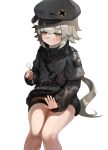  1girl bandaid bandaid_on_nose bangs black_jacket blush brown_eyes closed_mouth commentary_request dokomon eyebrows_visible_through_hair flat_cap fur-trimmed_jacket fur_trim girls_frontline grey_hair grey_headwear hair_between_eyes hat highres holding hs2000_(girls_frontline) jacket korean_commentary lap_pillow_invitation long_hair long_sleeves looking_at_viewer mimikaki short_over_long_sleeves short_sleeves simple_background smile solo very_long_hair white_background 