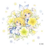  1boy 1girl 1other animal_on_head arm_warmers bare_shoulders blonde_hair blue_eyes blue_shorts bow bunny commentary crypton_future_media flower frilled_shirt frills from_above hair_bow hair_flower hair_ornament hairclip headphones horiizumi_inko kagamine_len kagamine_rin leg_warmers looking_at_viewer looking_to_the_side matching_outfit miniboy minigirl on_head petunia_(flower) rabbit_yukine scarf shirt short_hair short_ponytail short_shorts short_sleeves shorts sitting sleeveless sleeveless_shirt smile snowflake_print snowflakes spiked_hair standing vocaloid white_background white_bow white_footwear white_legwear white_scarf white_shirt white_sleeves yellow_flower yuki_len yuki_rin 