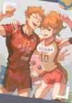  1boy 1girl ^_^ arm_around_back arm_up bangs brother_and_sister clenched_hand closed_eyes confetti cowboy_shot dutch_angle feet_out_of_frame gloves haikyuu!! high_ponytail highres hinata_natsu hinata_shouyou long_hair looking_at_viewer mascot one_eye_closed open_mouth orange_eyes orange_hair ponytail salute short_hair shorts siblings smile spoilers sportswear standing teeth v viewfinder volleyball volleyball_uniform white_gloves wsr_cao_rong_rong 