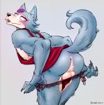  anthro anus backsack balls beastars blush butt canid canine canis claws clothed clothing crossdressing dress eyelashes eyeshadow fur genitals grey_body grey_fur hi_res legoshi_(beastars) makeup male mammal muscular panties presenting presenting_hindquarters raised_tail seductive solo underwear undressing wolf yuzuki_fang111 