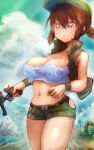  1girl absurdres bangs baseball_cap belt black_belt black_panties blue_sky breasts brown_eyes brown_hair cleavage closed_mouth cloud cowboy_shot crop_top fio_germi glasses green_headwear green_jacket green_shorts gun hat hatano_kiyoshi highres hip_vent holding holding_gun holding_weapon huge_hermit jacket large_breasts metal_slug micro_shorts midriff navel outdoors panties revolver round_eyewear short_hair shorts sidelocks sky sleeveless sleeveless_jacket standing tank_top trigger_discipline underwear weapon white_tank_top 