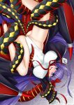  1girl bb_(fate)_(all) bb_(swimsuit_mooncancer)_(fate) black_coat breasts coat commentary_request fate/grand_order fate_(series) gloves high_heels highleg highleg_leotard jojorgia large_breasts leotard open_mouth popped_collar purple_eyes purple_hair red_footwear solo tentacles upside-down white_gloves white_leotard 