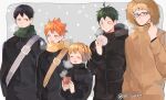  1girl 4boys ^_^ ^o^ black_hair blonde_hair blush_stickers closed_eyes earmuffs eating fur_trim glasses green_hair green_scarf haikyuu!! hinata_shouyou holding hood joman kageyama_tobio looking_away multiple_boys open_mouth orange_hair scarf smile snowing standing tsukishima_kei twitter_username winter_clothes yachi_hitoka yamaguchi_tadashi yellow_scarf 