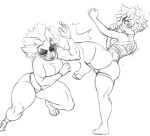  anthro blocking bottomwear butt clothing demon digital_drawing_(artwork) digital_media_(artwork) duo eyebrows female female/female fight hair higgyy humanoid imp kick legwear letti_(higgyy) lith_(ink-dood) mammal martial_arts monochrome muscular open_toes paws shorts sketch spiky_hair thick_eyebrows thick_thighs thigh_highs ursid 