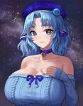  1girl animal_ears aran_sweater arm_at_side bangs bare_shoulders blue_choker blue_eyes blue_hair blue_ribbon blue_sweater breasts choker closed_mouth collarbone commentary cow_ears cow_girl cow_horns detached_sleeves earrings english_commentary eyebrows_visible_through_hair eyelashes hand_on_own_chest hat highres horns indie_virtual_youtuber jewelry large_breasts long_sleeves looking_at_viewer medium_hair miilkywayz mole mole_under_eye nhaliz night night_sky parted_lips planet_hair_ornament pom_poms ribbed_sweater ribbon second-party_source short_eyebrows sky solo star_(sky) star_(symbol) star_earrings starry_sky sweater virtual_youtuber 