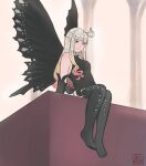  1girl anne_(bravely_second) antenna_hair artist_name black_footwear black_gloves black_legwear black_leotard blue_eyes boots bravely_default_(series) bravely_second:_end_layer butterfly_wings elbow_gloves fairy full_body gloves ilverna legs leotard long_hair pointy_ears silver_hair sitting smile solo thigh_boots thighhighs wings 
