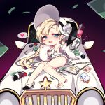  1girl bag barefoot blonde_hair blue_eyes blush breasts car chibi chips cleavage cup drinking_glass drunk earrings elbow_gloves feet food gloves ground_vehicle handbag heart high_heels holding holding_cup jewelry long_hair looking_at_viewer lying maplestory medium_breasts mendou_kusai mole mole_under_eye money motor_vehicle on_vehicle open_mouth poker_chip shoe_removed shoes shoulder_bag single_shoe smile spoken_heart thighs toes wine_glass 