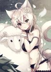  1girl animal animal_collar animal_ear_fluff animal_ears black_bra black_panties bra braid chain collar dog_ears dog_girl dog_tail fang fang_out flower hair_flower hair_ornament hakusai_ponzu leash long_hair navel original panties sheep smile tail thigh_strap underwear underwear_only white_hair yellow_eyes 