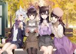  4girls absurdres alternate_costume animal_ears ann_(ann58533111) atago_(azur_lane) autumn autumn_leaves azur_lane beret black_jacket blue_shorts book brown_dress brown_hair casual choukai_(azur_lane) denim denim_shorts dress drinking_straw grey_skirt hair_between_eyes hair_ribbon hat high_ponytail highres huge_filesize jacket long_hair maya_(azur_lane) multiple_girls open_book open_clothes open_jacket outdoors pantyhose pink_skirt plaid plaid_dress plaid_scarf plaid_skirt polka_dot polka_dot_shirt purple_scarf purple_sweater reading ribbon scarf shirt short_hair shorts silver_hair sitting_on_bench skirt sweater takao_(azur_lane) white_shirt wooden_bench yellow_eyes 