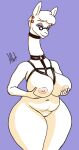  2021 alpaca anthro areola bedroom_eyes belly belt_accessory belt_bra belt_collar big_breasts breasts camelid collar curvy_figure ear_piercing ear_ring eyewear female genitals glasses haibet hair half-closed_eyes harness holding_breast huge_breasts invalid_tag kink long_neck looking_at_viewer mammal mature_(disambiguation) mature_female mommy_alpaca mother narrowed_eyes nipples nude parent piercing pussy seductive simple_background smile soft solo thick_thighs wide_hips 