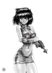 1990s_(style) 1girl bangs breasts cleavage covered_navel crossed_arms derivative_work dress energy_gun english_commentary finger_on_trigger gloves greyscale gun handgun highres holding holding_gun holding_weapon large_breasts long_hair mazaki_anzu monochrome ray_gun retro_artstyle short_dress short_hair skin_tight skindentation sleeveless sleeveless_dress solo the_golden_smurf thighs unzipped weapon white_background yu-gi-oh! yu-gi-oh!_duel_monsters zipper_pull_tab 