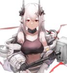  1girl arknights bare_shoulders black_choker black_gloves breasts choker closed_mouth crop_top expressionless gloves gnai hammer highres holding horns infection_monitor_(arknights) large_breasts long_hair looking_at_viewer midriff mudrock_(arknights) navel off_shoulder oripathy_lesion_(arknights) oversized_clothes pointy_ears red_eyes shirt sidelocks simple_background sleeveless sleeveless_shirt solo sports_bra stomach upper_body white_background white_hair 