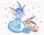  brown_eyes brown_fur commentary_request eevee eye_contact gen_1_pokemon holding izobe looking_at_another no_humans paws pokemon pokemon_(creature) signature sitting smile toes vaporeon 