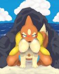  anthro aroused better_version_at_source big_breasts blush bodily_fluids breasts cloud crouching female floatzel genital_fluids genitals looking_at_viewer ne_i_ro nintendo pok&eacute;mon pok&eacute;mon_(species) pussy pussy_juice rock sand sea smile solo steam sweat video_games water 