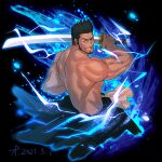  1boy bara beard black_kimono bleach cropped_legs dated facial_hair hakama_pants holding holding_sword holding_weapon japanese_clothes kimono kurosaki_isshin lightning looking_at_viewer lrpanda00 male_focus mature_male muscular muscular_male open_clothes open_kimono pectorals shirtless short_hair smirk solo spiked_hair sword weapon 