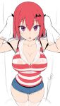  1girl bangs bra_through_clothes breasts cleavage curvy denim denim_shorts drying drying_hair gabriel_dropout greatmosu hair_ornament highres large_breasts looking_at_viewer open_mouth purple_eyes red_hair satanichia_kurumizawa_mcdowell shirt short_shorts shorts simple_background striped striped_shirt thick_thighs thigh_gap thighhighs thighs wet wet_clothes wet_hair white_legwear 