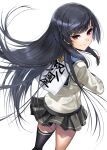 1girl anniversary asymmetrical_legwear black_hair black_legwear black_skirt blue_sailor_collar closed_mouth commentary_request cowboy_shot crossed_arms eyebrows_visible_through_hair from_behind gloves hair_ribbon highres isokaze_(kancolle) kantai_collection long_hair long_sleeves looking_at_viewer paper pleated_skirt red_eyes ribbon sailor_collar school_uniform serafuku simple_background single_thighhigh skirt smile solo standing thighhighs translation_request tress_ribbon white_background white_gloves zombie_mogura 